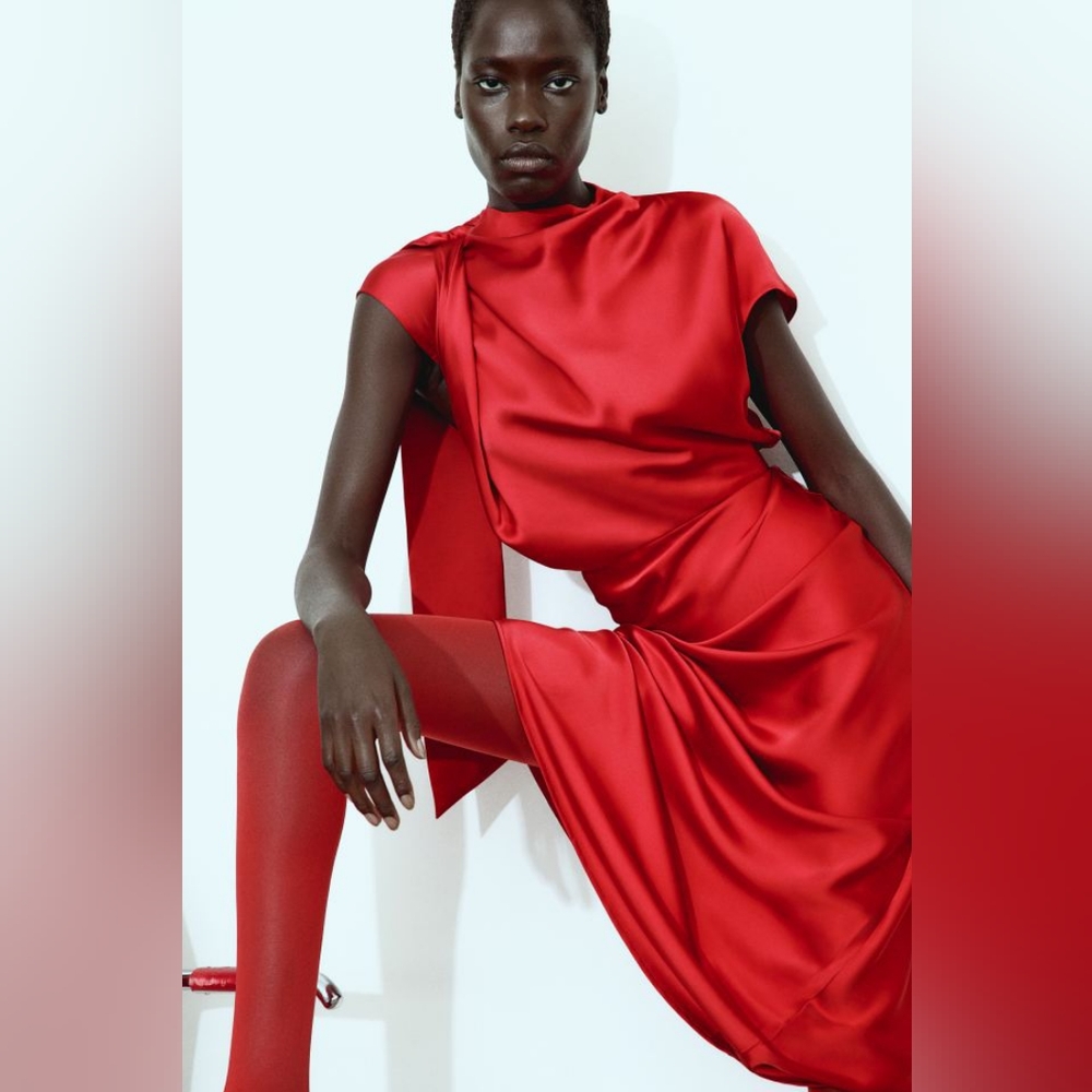 H&M Tie-neck Satin Dress Ankle Length Red Sizes XS, S, M, L, XL, XXL